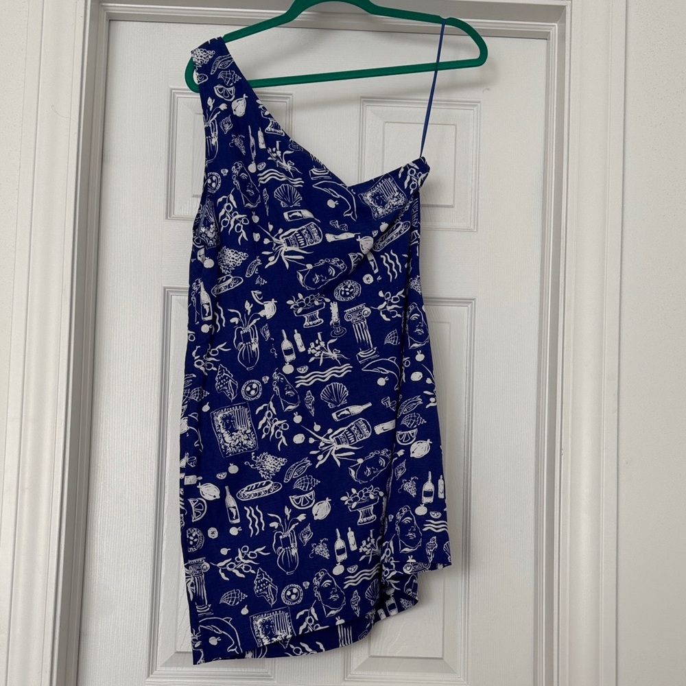 Blue One-Shoulder Dress with White Print